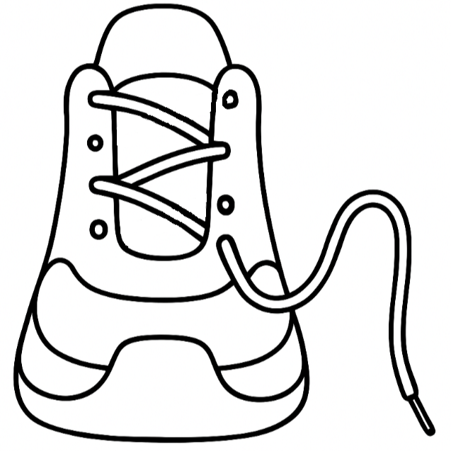 Schwarz-weiße Linienzeichnung eines Sneakers in Frontalansicht, bei dem ein Schnürsenkel lose aus einer Öse herausgezogen ist.