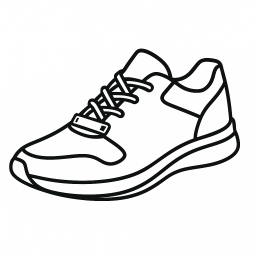 Schwarz-weiße Linienzeichnung eines Sneakers in Seitenansicht mit sichtbaren Schnürsenkeln.